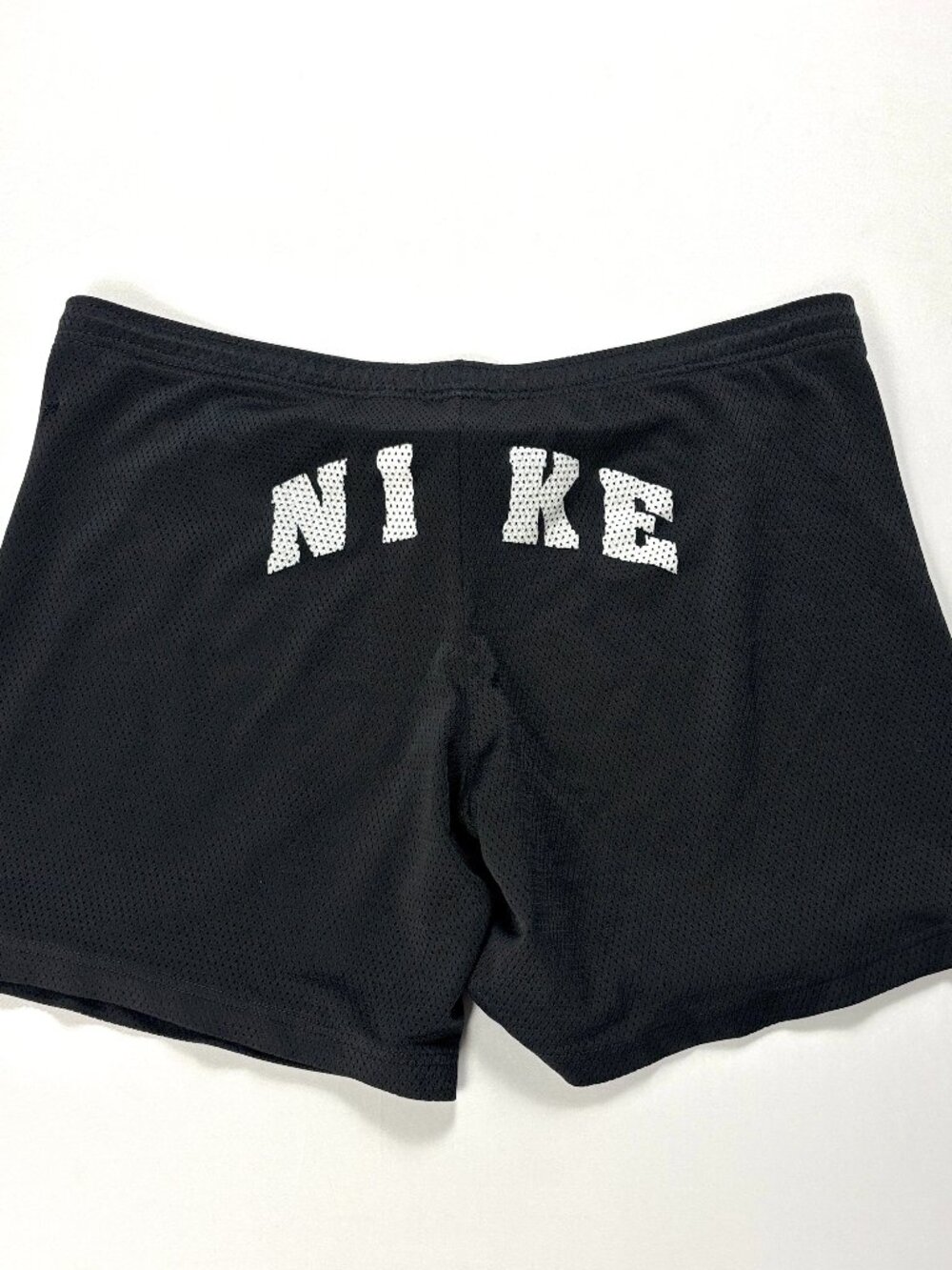 Vintage Nike Womens Mesh Athletic Shorts Black Sz XL Butt Spellout Drawstring